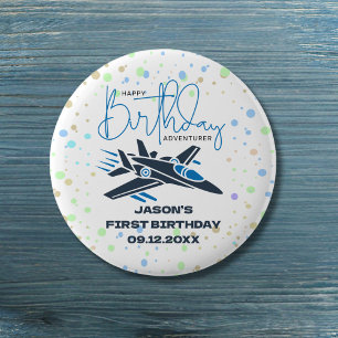 Bóton Redondo 2.54cm Aniversário de Um Ano do Menino Avião de Caça Azul