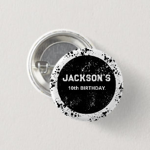 Bóton Redondo 2.54cm Aniversário Preto e Branco com respingos de tinta