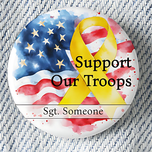 Bóton Redondo 2.54cm Apoie nossas tropas - Fita Amarela de Sensibilizaç (Small Support Our Troops Pinback Button.  Yellow Ribbon.  US Flag.)
