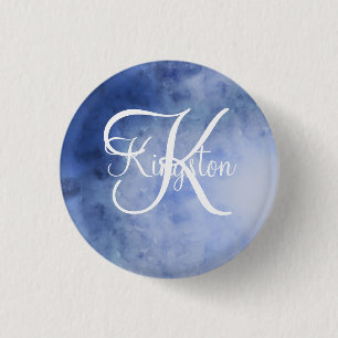 Bóton Redondo 2.54cm Aquarela Azul e Branco Monogramada