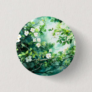 Bóton Redondo 2.54cm Aquarela Botânica Flores Brancas Folhas Verdes