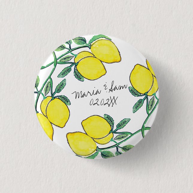 Bóton Redondo 2.54cm Aquarela Limão Script Casamento   (Frente)