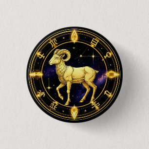 Bóton Redondo 2.54cm Áries Dourado Círculo Zodiacal Com Carneiro