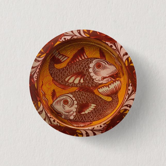 Bóton Redondo 2.54cm Artes e Ofícios Estilo William Morris Peixe Vermel (Frente)