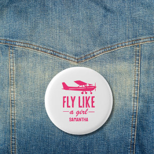 Bóton Redondo 2.54cm Avião Rosa Fofo Voa Como Uma Garota Aviação Femini