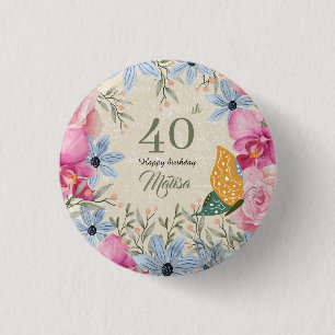 Bóton Redondo 2.54cm Belo fósforo aniversário de 40 anos floral rústico