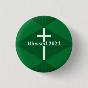Bóton Redondo 2.54cm Bendito Ano Novo, Cristão Verde e Cruz Branca