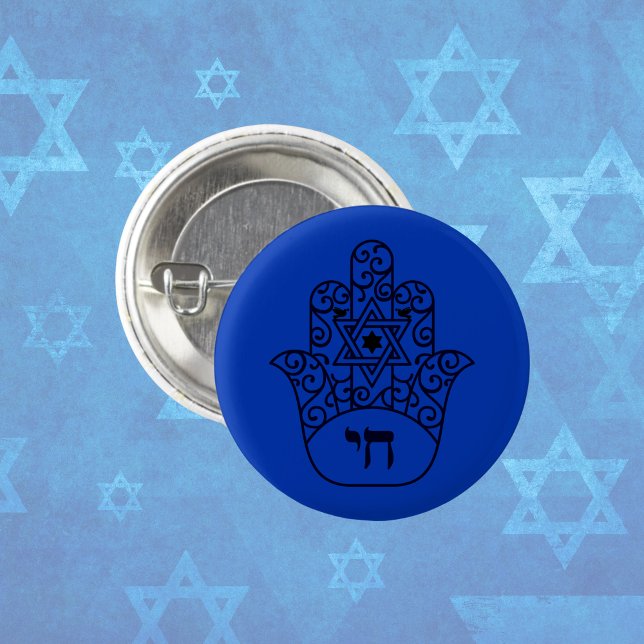Bóton Redondo 2.54cm Blue Jewish Chai Hamsa com Estrela de David (Criador carregado)