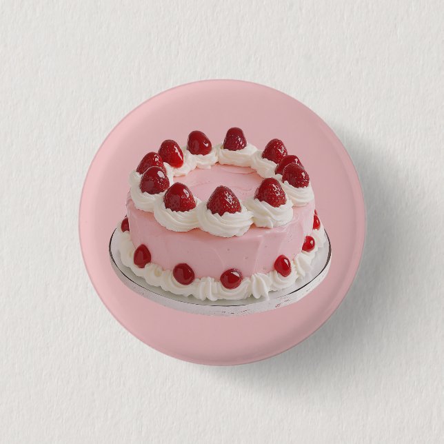 Bóton Redondo 2.54cm Bolo de Celebração de Morango Rosa (Frente)