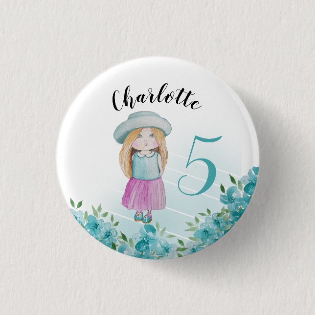 Bóton Redondo 2.54cm Boneca Azul Doce Molhada à Mão (Frente)