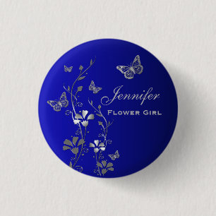 Bóton Redondo 2.54cm Borboleta Azul e Prata Floral Pino da Menina das F
