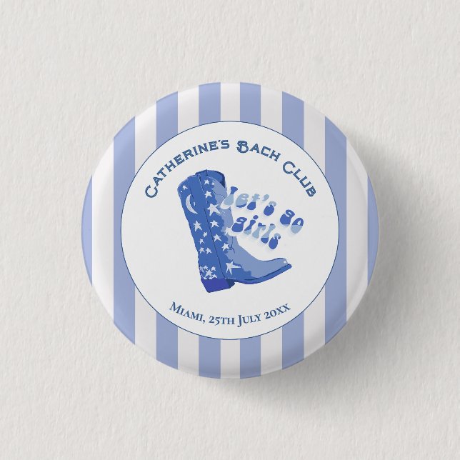 Bóton Redondo 2.54cm Bota de Cowgirl Azul Fofo com Listras (Frente)