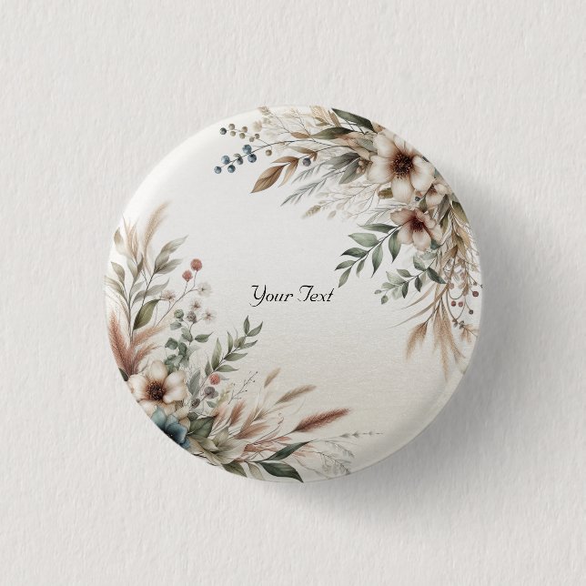 Bóton Redondo 2.54cm Botão de Flores Azul Marfim em Aquarela (Frente)