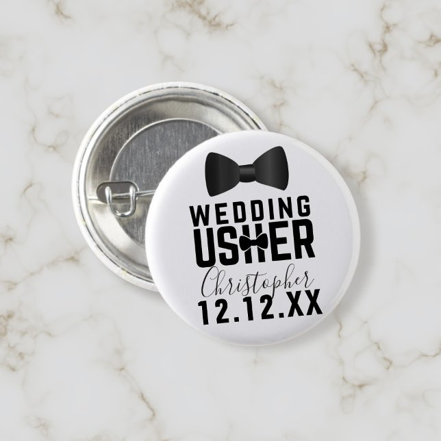 Bóton Redondo 2.54cm Botão de Usher de Casamento Smoking (A button to pin on your Usher. Just add their name and your wedding date)