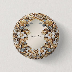Bóton Redondo 2.54cm Botão Floral Branco Dourado Decorativo