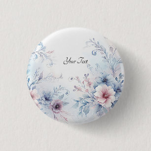 Bóton Redondo 2.54cm Botão Floral Rosa Azul Aquarela