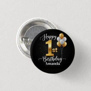 Bóton Redondo 2.54cm Botão Personalizável para 1º Aniversário (Preto/Do