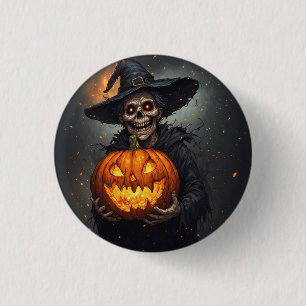 Bóton Redondo 2.54cm Bruxa Esqueleto Com Abóbora Brilhante Halloween 🎃