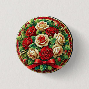 Bóton Redondo 2.54cm Buquê Elegante de Rosas Vermelhas e Brancas