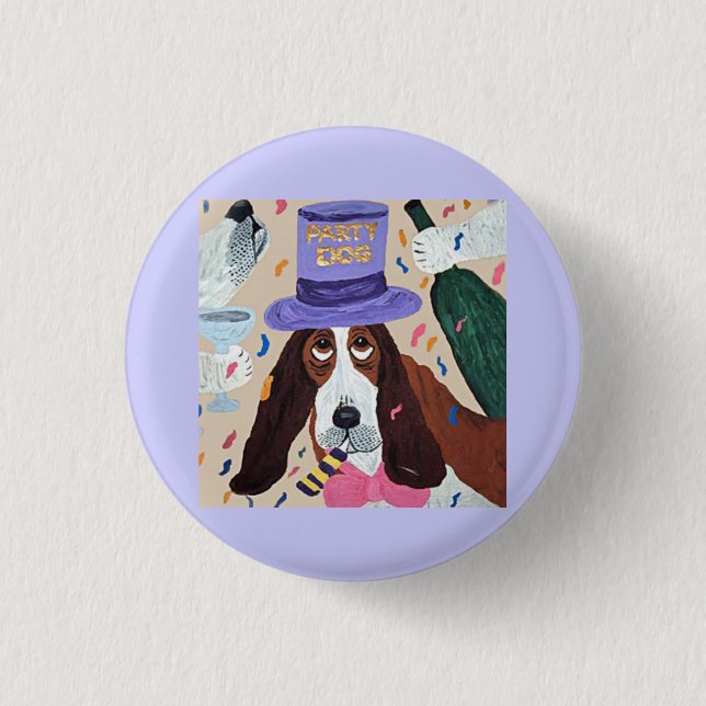 Bóton Redondo 2.54cm Cachorro de Festa Basset Hound  (Frente)