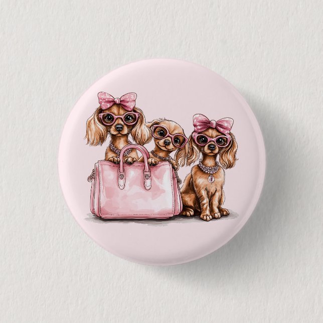 Bóton Redondo 2.54cm Cães de Dachshund Fashionáveis, Bolsa Rosa (Frente)