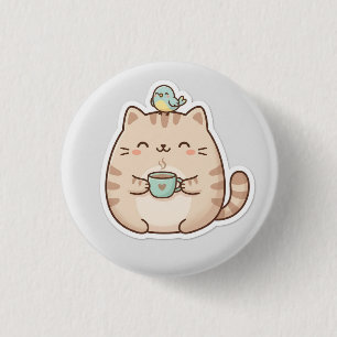 Bóton Redondo 2.54cm Café com Gato Fofo e Gorducho