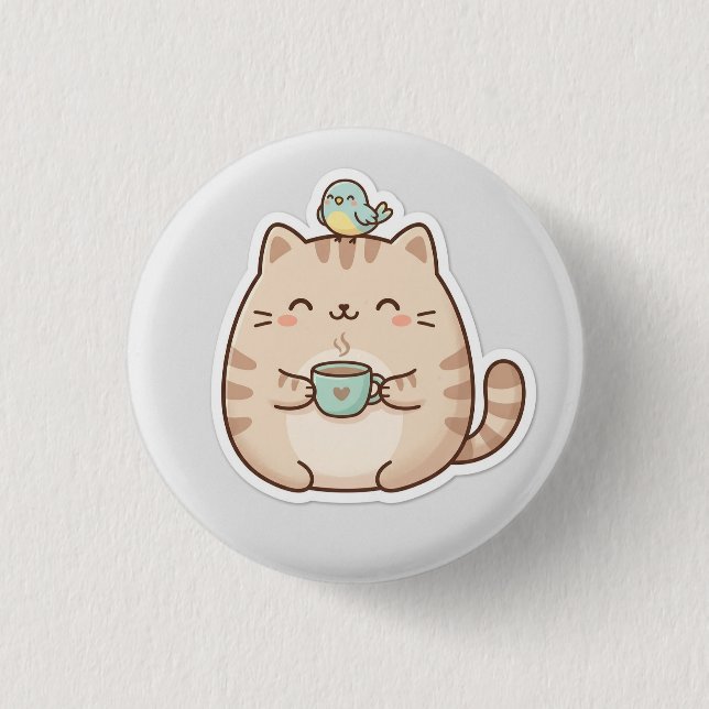 Bóton Redondo 2.54cm Café com Gato Fofo e Gorducho (Frente)