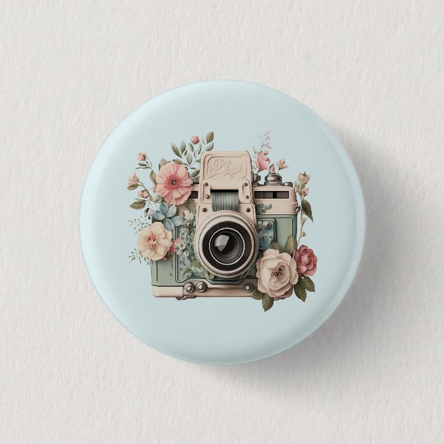 Bóton Redondo 2.54cm Câmera com Imagem Retro Pastel de Flores (Frente)