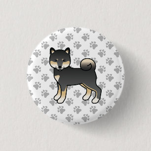 Bóton Redondo 2.54cm Cão e patas de cartoon, preto e bronzeado, Shiba I