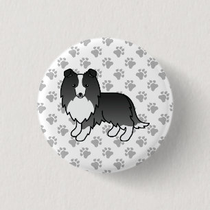 Bóton Redondo 2.54cm Cão e patas de cartoon preto Shetland