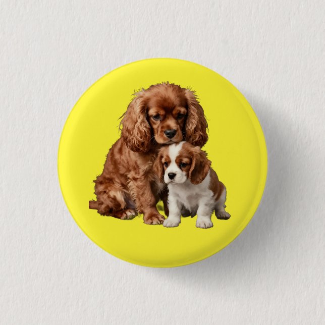 Bóton Redondo 2.54cm Cavalier Spaniel Ruby e seu filhote Blenheim (Frente)