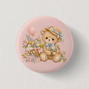 Bóton Redondo 2.54cm Celebração do Urso de Pelúcia Vintage com Flores S