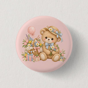 Bóton Redondo 2.54cm Celebração do Urso de Pelúcia Vintage com Flores S