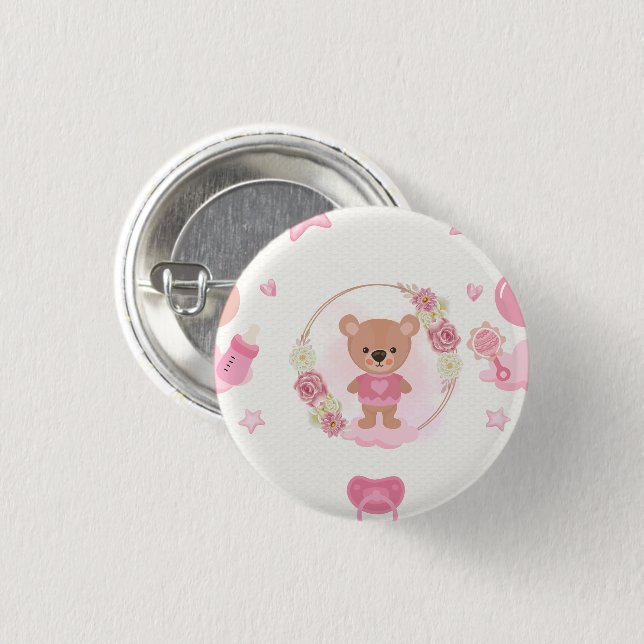 Bóton Redondo 2.54cm Chá de Bebê do Ursinho Teddy Rosa  (Frente & Verso)