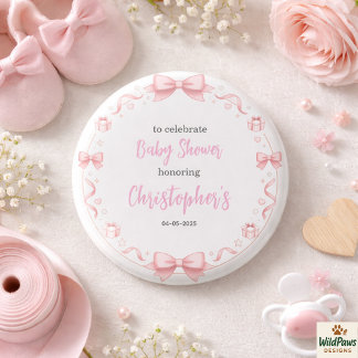Bóton Redondo 2.54cm Chá de Bebê Menina com Laço Rosa – Festa Divertida