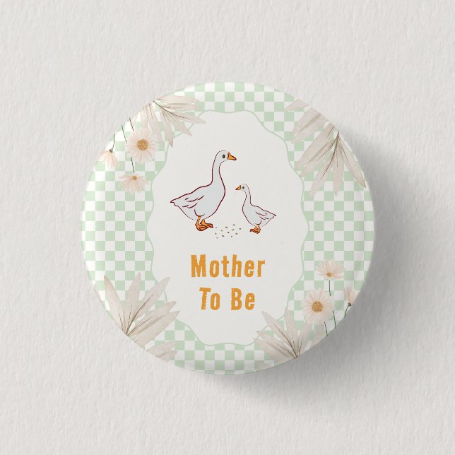 Bóton Redondo 2.54cm Chá de Bebê Sage Gingham Daisy Ganso Mãe Para Ser  (Frente)