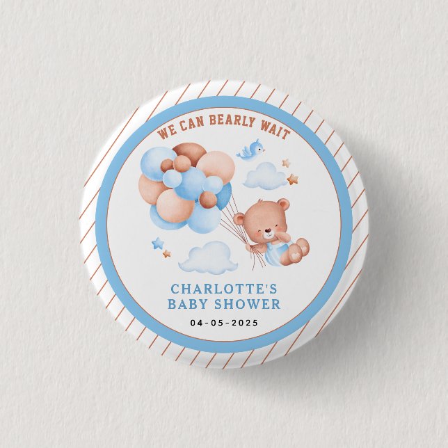 Bóton Redondo 2.54cm Chuva de Bebê Urso Teddy “Mal Podemos Esperar” Men (Frente)