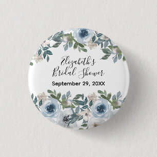 Bóton Redondo 2.54cm Chuva de Noiva Floral Azul e Branco em Aquarela