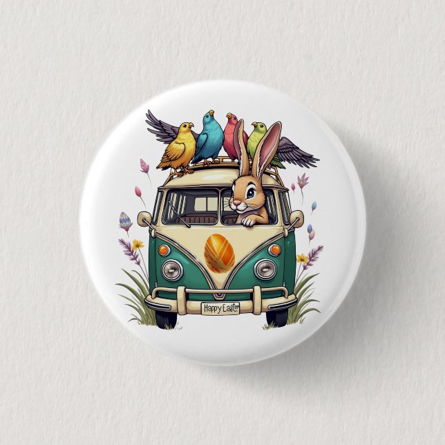 Bóton Redondo 2.54cm Coelhinho de Páscoa em um Ônibus com Amigos de Pás (Frente)