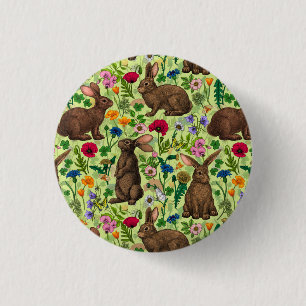 Bóton Redondo 2.54cm Coelhos e flores silvestres em verde de melada