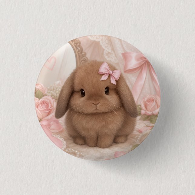 Bóton Redondo 2.54cm coquette coelho laço rosa  (Frente)