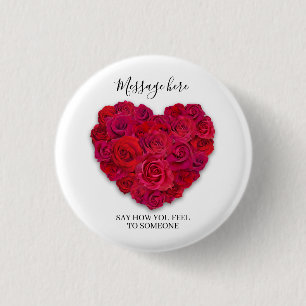 Bóton Redondo 2.54cm Coração Romântico de Rosa Vermelha Floral com Text