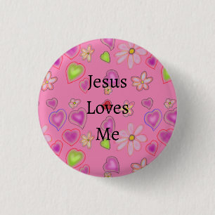 Bóton Redondo 2.54cm Corações Cor-de-Rosa Flores Brancas Jesus Me Ama