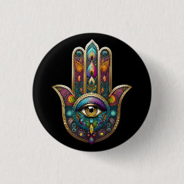 Bóton Redondo 2.54cm Cores de Pavão Hamsa com Terceiro Olho Dourado