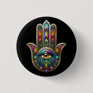 Bóton Redondo 2.54cm Cores de Pavão Hamsa com Terceiro Olho Dourado