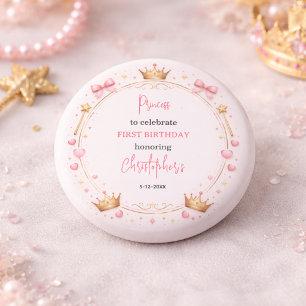 Bóton Redondo 2.54cm Coroa Princesa Dourado Rosa Conto de Fadas 1º Aniv