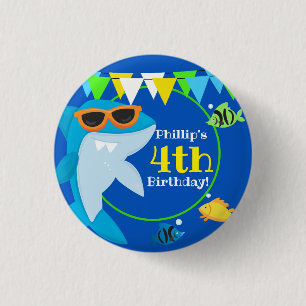 Bóton Redondo 2.54cm Crianças Tubarão Azul Fintástico Aniversário