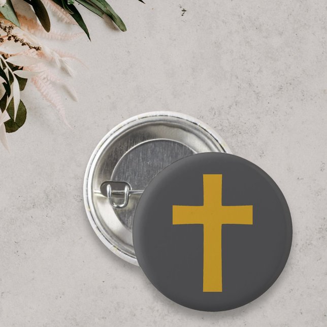 Bóton Redondo 2.54cm Cruz Dourada simples no botão preto (Gold Cross on Black Button)