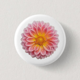 Bóton Redondo 2.54cm Dahlia rosa e gotas cor-de-rosa