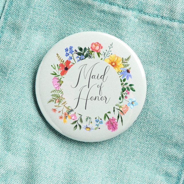 Bóton Redondo 2.54cm Dama de Honra das Flores Silvestres Roteiro Casame (Maid of Honor Wildflower Watercolor Floral Wreath Wedding Button
)